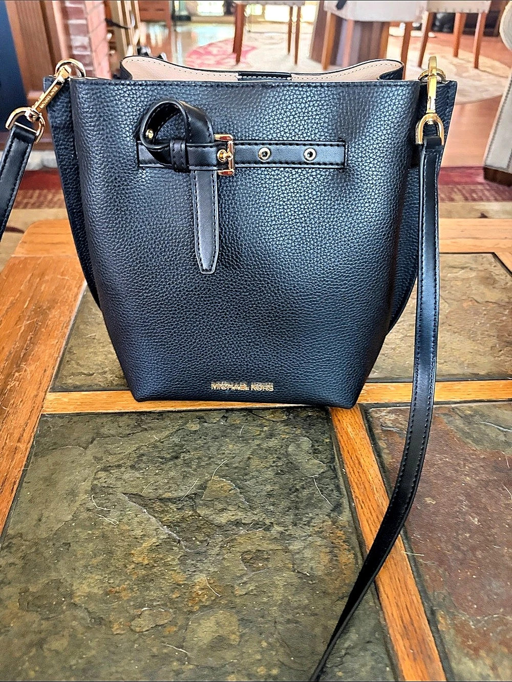 Michael Kors Black Leather-Look Bucket Crossbody Bag